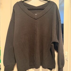 aerie Black V-Neck Waffle Knit Pullover